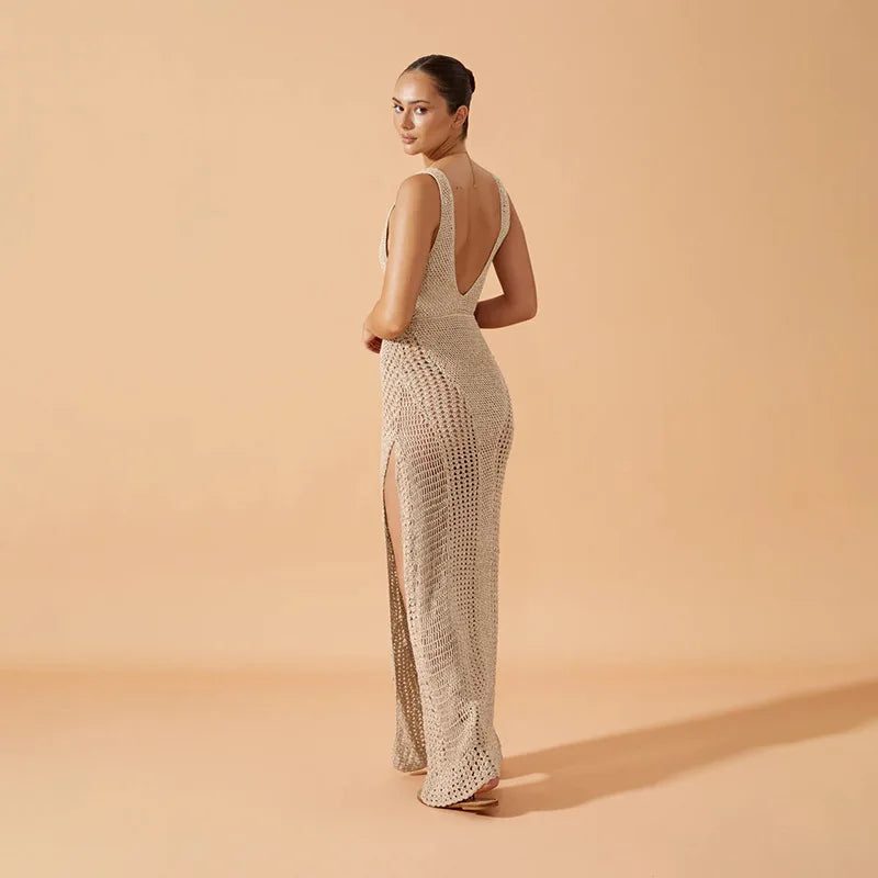 Para Praia Hollow Out Knitted Long Dress 2025 High-Slit Knit Maxi Dress for Summer Beach Outfits Women Beach Outing Beachwear