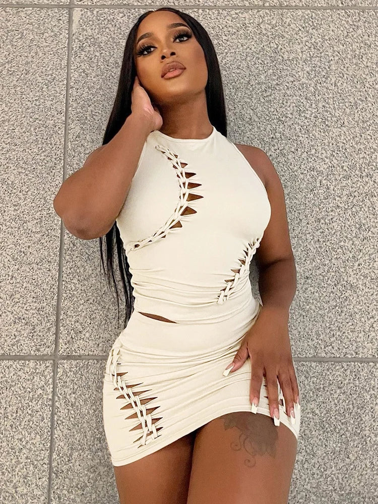 Hugcitar Fashion 2 Pcs Sets Solid O Neck Cut Out Sexy Crop Tank Top Skirt 2025 Spring Summer Women Y2K Clothes Party Vacation