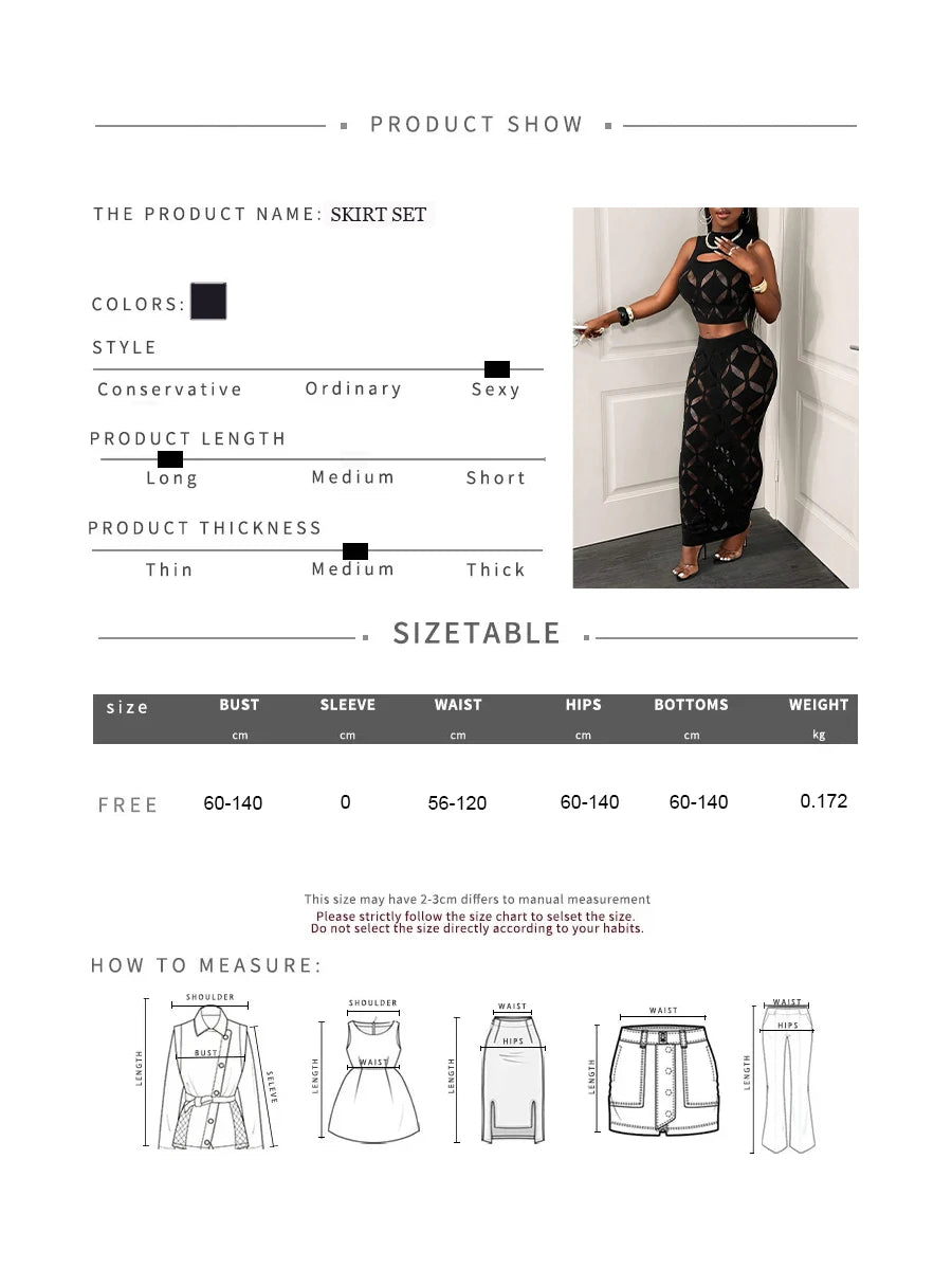 FHSEER 2PCS Women's Sexy Set Plus Size Black Mesh Hollow Out Crop Tank & High Waist Bodycon Mini Skirt Lace Stretechy Clubwear