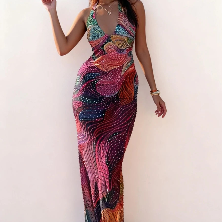 Elegant Fashionable Colorful Sequin Halter Dress Women Deep V Slim Fit Long Dress Party Dinner Shiny Sexy Chic Mermaid Dress