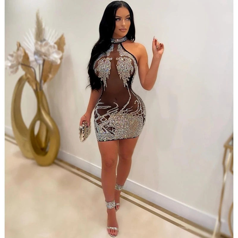 Sexy Party Dress for Women Mesh Sheer See Through Party Club Night Mini Bodycon Dress Luxury Rhinestone Sparkly Birthday Dress