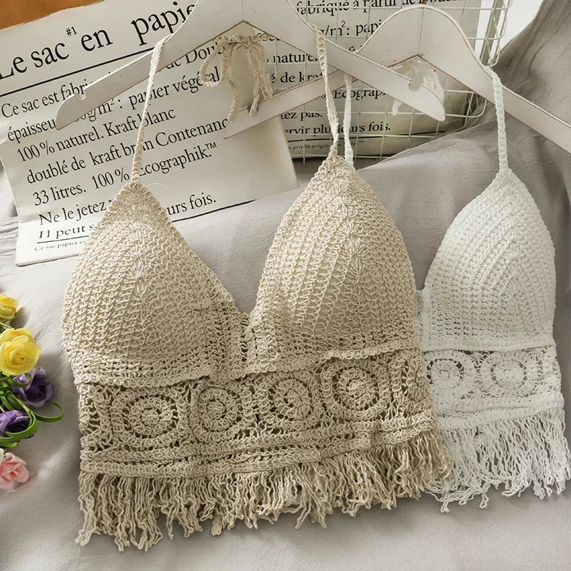 2025 Crop Tops Retro Wild Hollow Perspective Tassel Sexy Spaghetti Strap Tanke Top Women Built In Bra New Back Lace Halter Neck