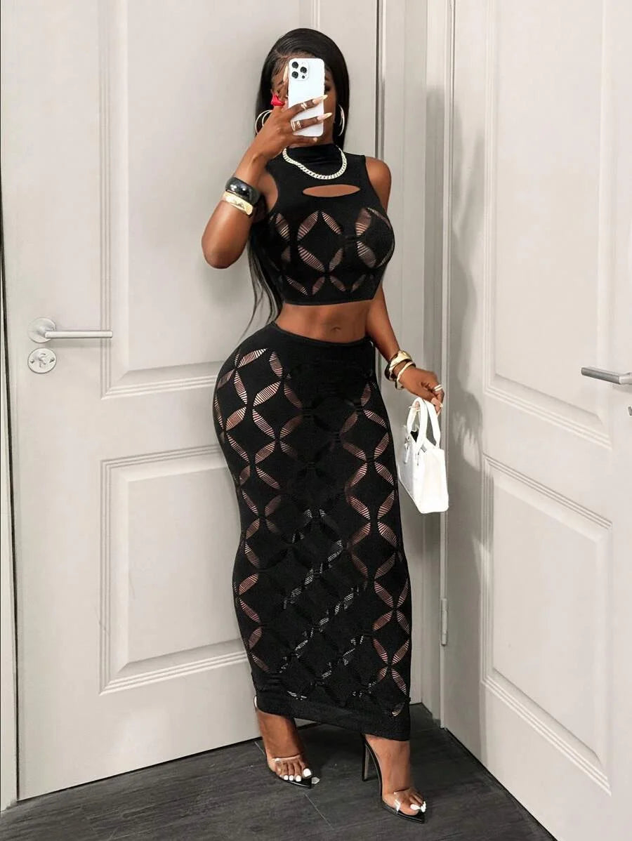 FHSEER 2PCS Women's Sexy Set Plus Size Black Mesh Hollow Out Crop Tank & High Waist Bodycon Mini Skirt Lace Stretechy Clubwear