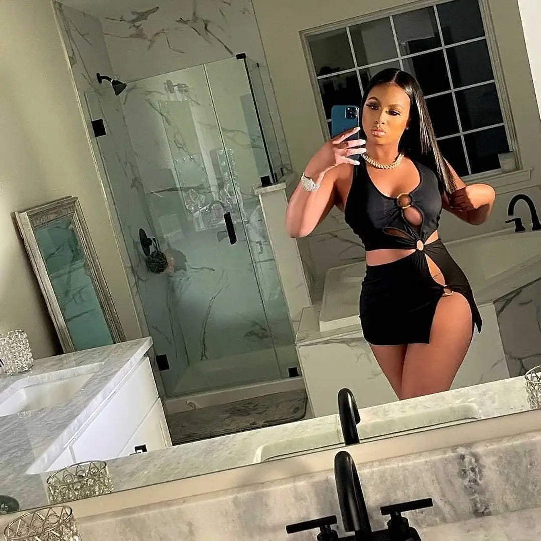 Summer Dresses Woman 2022 High Street Stretch Slim Hollow Sexy Mini Bodycon Dress Elegant Orange Sleeveless Club Party Sundress